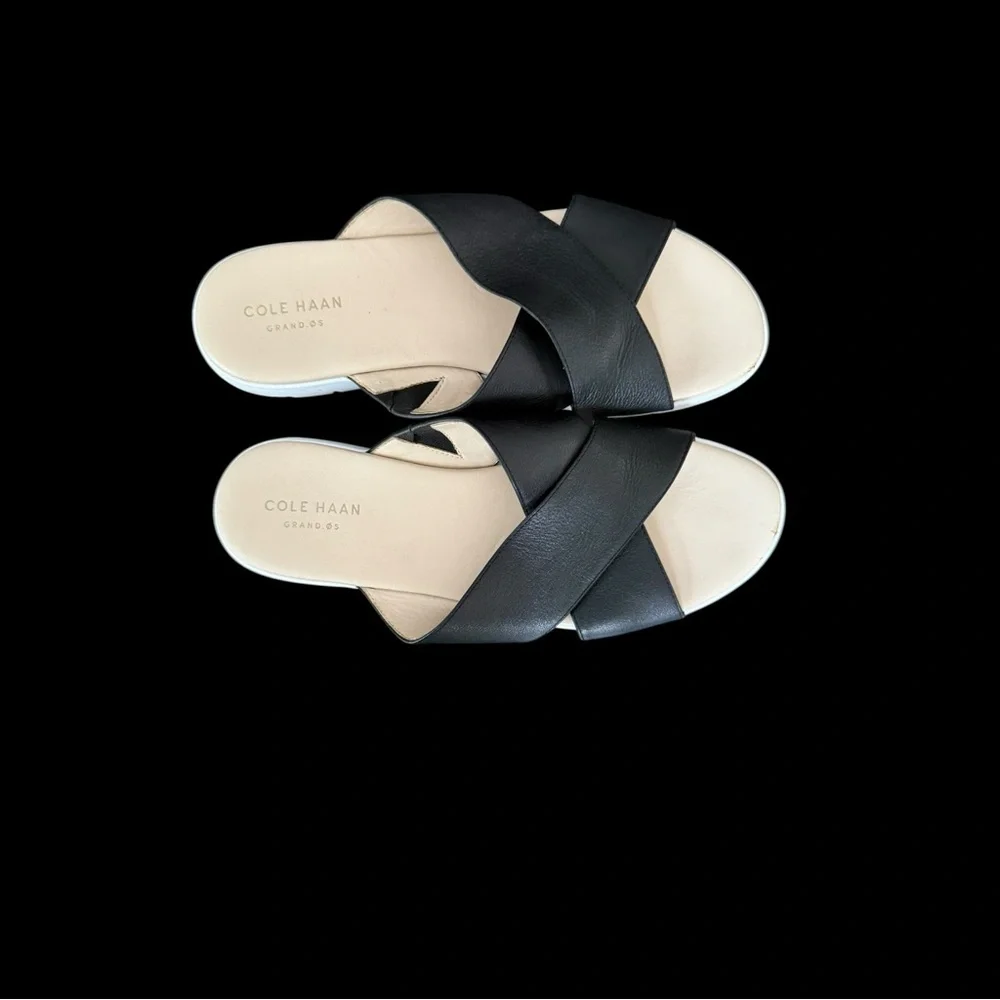 Cole Haan Women's Grand.OS Criss Cross Black Leather Slide Sandals 8.5